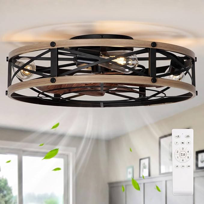 SHLUCE 22" Low Profile Caged Ceiling Fan with Light, Farmhouse Flush Mount Bladeless Ceiling Fans with Lights and Remote, Rustic Fandelier Ceiling Fan with Light for Kitchen, Bedroom - ETL