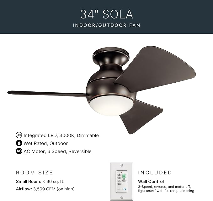 Kichler 330150OZ 34 Inch Sola Ceiling Fan LED, 3 Speed Wall Control, Olde Bronze Finish with Olde Bronze Blades.