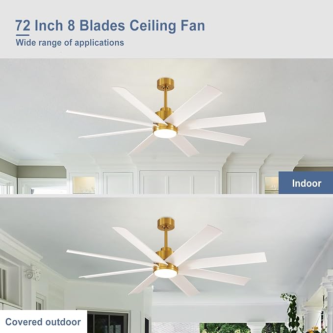 72" Ceiling Fan for Farmhouse: White and Gold Ceiling Fan with Remote 8 Blades 5-Speed Reversible DC Motor - Large Ceiling Fan with Light for Indoor Outdoor