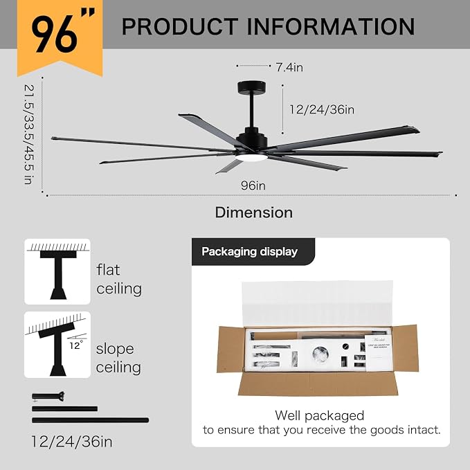 Minislak 96" Industrial & Commercial HVLS 7 Black Aluminum Blades Ceiling Fan with Light and Compatible Alexa,High CFM Brushless Motor,6-Speed,Indoor Outdoor Ceiling Fan for Patio,Garage,Shop,Library