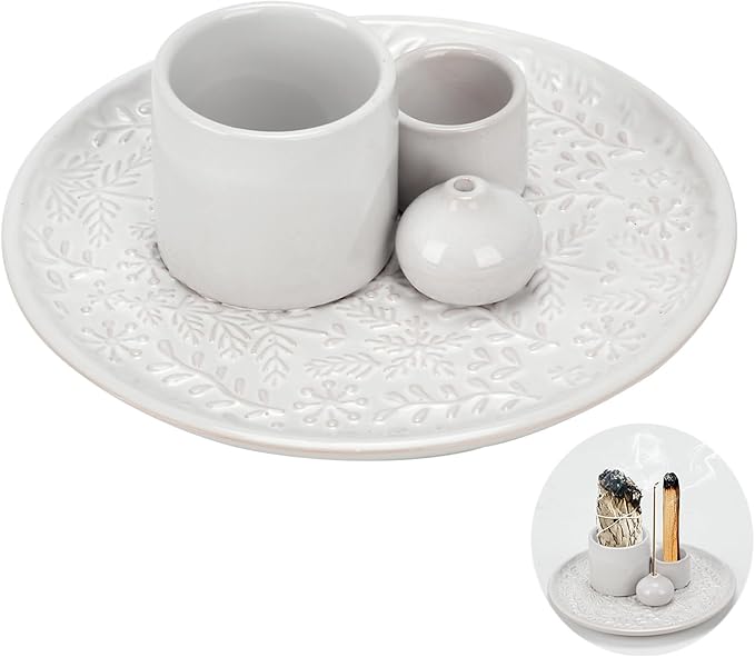 Ceramic Incense Holder Set with Decorative Tray, White, Intricate Pattern Design, 5.9x5.9x2 Inch, for Sticks, Cones, Palo Santo, Sage (White)