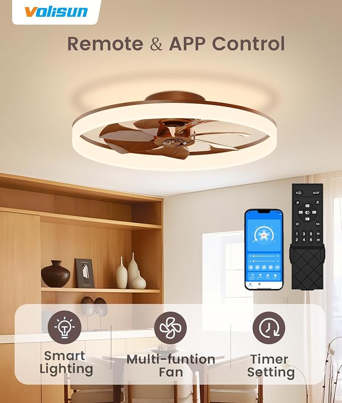 VOLISUN Low Profile Ceiling Fans with Lights and Remote, 24in Fandelier Ceiling Fan Flush Mount, 3000K-6500K Smart Bladeless LED Fan Light, Farmhouse Ceiling Fans with Lights for Bedroom(Wood)