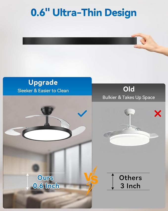 【Slim】48" Retractable Ceiling Fans with Lights, Large Fandelier Ceiling Fan with Light and Remote, Reversible, 3 CCT, Dimmable, Modern Chandelier for Bedroom, Living Room, Dining Room (Black)