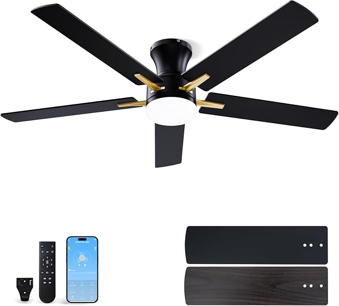 LANMEL 52 Inch Flush Mount Ceiling Fan with Light, App&Remote Control, Low Profile Modern Ceiling Fan, 6 Speed, Reversible, 3000k-6500k Dimmable LED, Quiet DC Motor for Indoor Outdoor, Gold Black