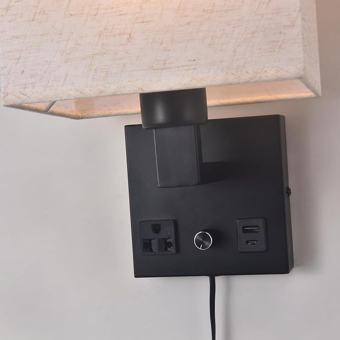 Bedside Wall Lamp for Bedroom, Plug in Wall Sconce - Dimmable Switch with AC Outlet & USB Charging Port, Fabric Shade, Black Wall Mounted Light for Living Room, Hotel