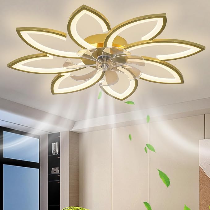 35" Ceiling Fans With Lights and Remote, Low Profile Flush Mount | Ceiling Fan Lights With 6 Speed 3 Colors Dimmable, For Bedroom Living Room, Quiet, Reversible Motor, Timing Gold