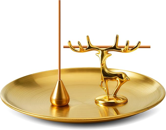3 in 1 Incense Burner - 5.5 Inch Brass Incense Holder for Sticks, Coils and Cones with Ash Catcher - for Meditation, Yoga, Zen Room, Home Decor (Deer+Water Drop+Disc)