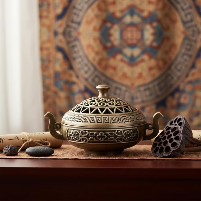 Nepalese-Style Bronze Incense Burner Stand with Geometric Patterns, All-Holiday Compatible Metal Holder for Meditation, Room Decor and Aromatherapy, Cultural Home Accessory