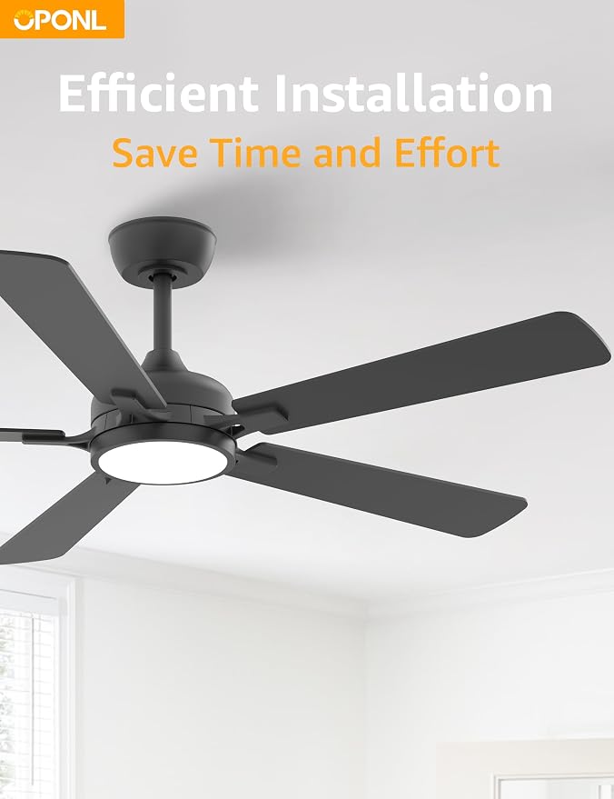 OPONL Ceiling Fan with Light, Ceiling fan with Light and Remote Control, Reversible, 6CCT, Dimmable, Noiseless, Ceiling Fan for Bedroom, Indoor/Outdoor Use, Black, 52 inch, Classic