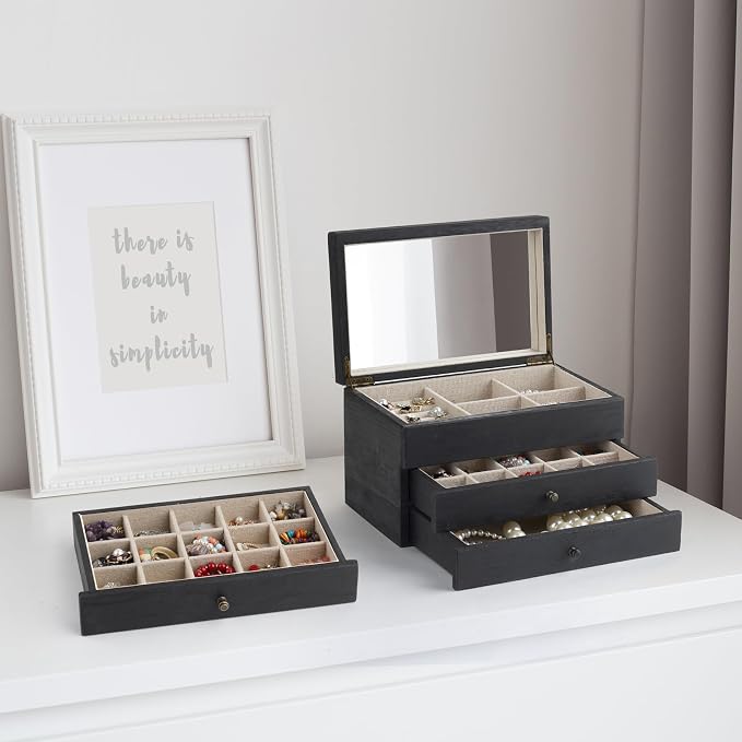 Meangood Jewelry Box Organizer for Women, 3 Layer Large Jewelry Storage Case, Rustic Wooden Jewelry Box with Mirror & Ring Tray for Necklace Earring Bracelets Rings, Vintage Style (Black)