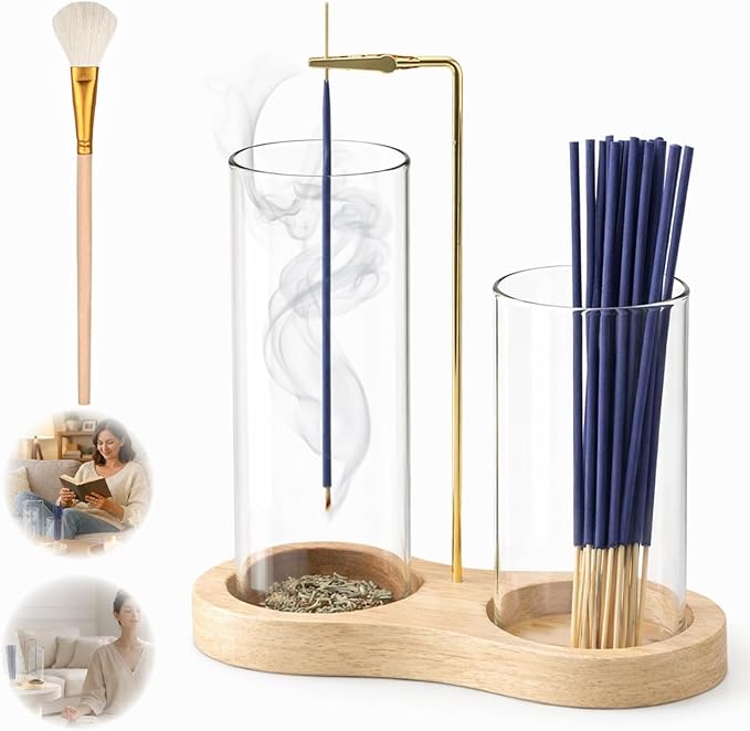 2-in-1 Incense Holder with Glass Ash Catcher & Stick Storage, Wooden Incense Burner for Relaxation, Stress Relief, Mess-Free Home Use, Self-Care, Meditation, Yoga, Bedroom & Living Room (Natural)