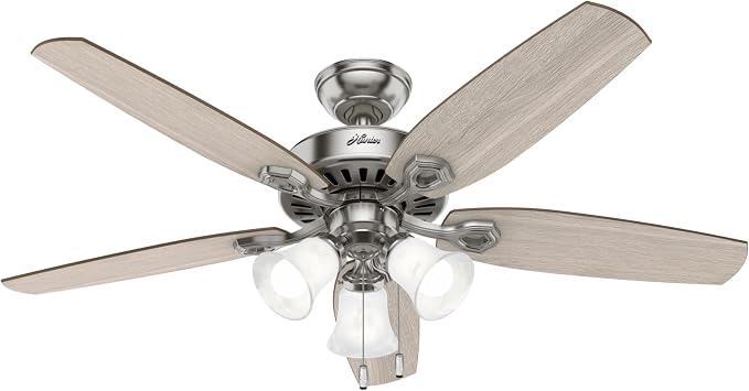 Hunter Builder Plus, Indoor, Ceiling Fan, 5 Blades, 52 inch, Brushed Nickel | with LED Lights, Standard Mount, Pull Chain, For Bedroom, Living Room, Includes Bulbs, 51111