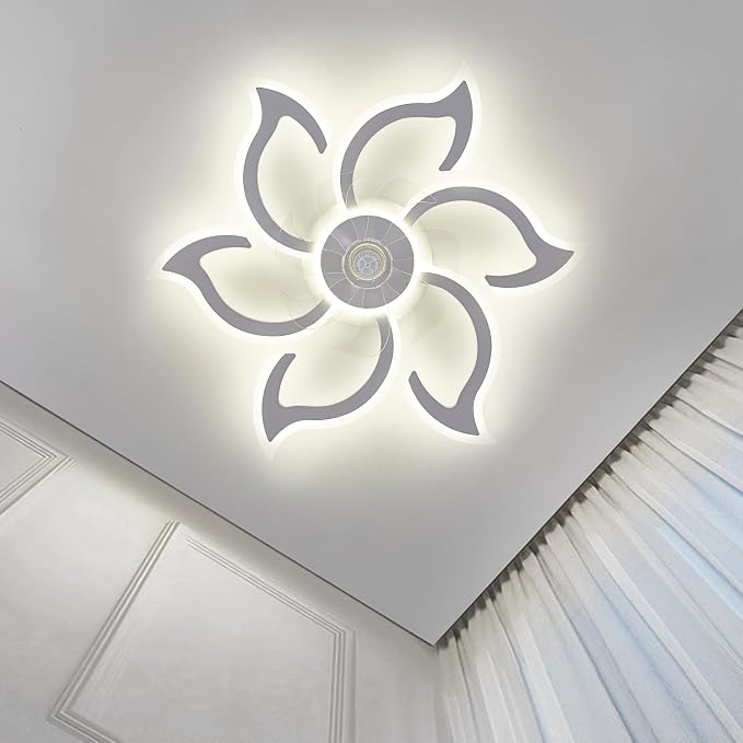 35" White Flower Ceiling Fan with Light Remote Control, 3 Light Color 6 Speeds Flush Mount Low Profile Ceiling Fan for Bedroom Kitchen