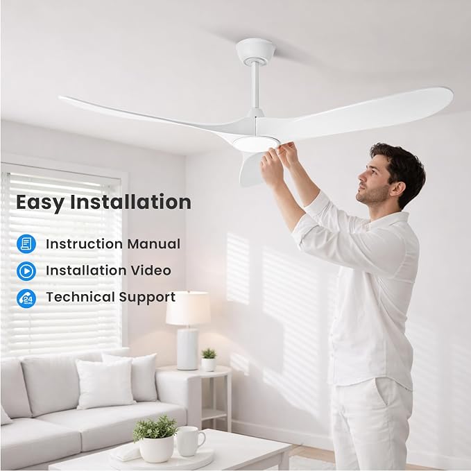 heimo 52 Inch White Ceiling Fan with Light and Remote, Wood Outdoor Ceiling Fans with Lights Dimmable for Bedroom Living Room Patios Kitchen Modern 3 Blade Propeller Indoor Fan