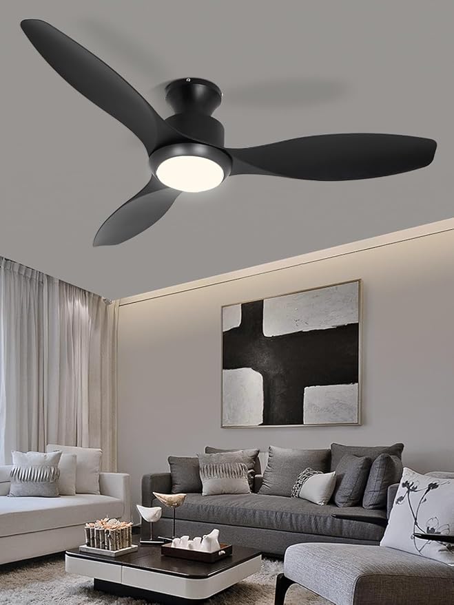 48" Ceiling Fan with Light and Remote, Black Flush Mount Ceiling Fan with 3 Blades,3 Color Dimmable Lights, 6 Speeds, Queit DC Motor, Memory Function, Indoor/Outdoor/Bedroom/Living Room/Patios, Black