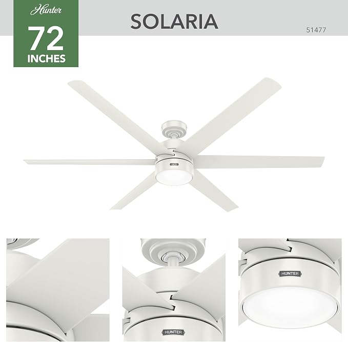 Hunter Solaria, Outdoor or Indoor, Ceiling Fan, Quiet, 72 inch, Fresh White | with LED Light, Standard Mount, Wall Control, 6 Blades, For Patio, Porch, Garage, 51477