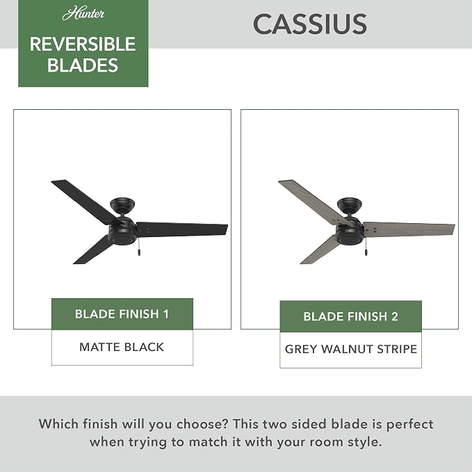 Hunter Cassius, Outdoor or Indoor, Ceiling Fan, 52 inch, Matte Black | No Light, Standard Mount, Pull Chain, 3 Blades, For Living Room, Patio, Porch, Garage, 59264