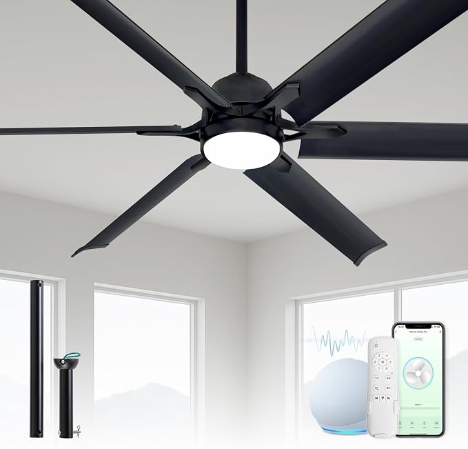 60 Inch Aluminum Smart Ceiling Fan with Alexa APP,Large Black Ceiling Fan with Remote,3CCT,6 Speed,Quiet DC Motor Metal Outdoor Indoor Fan for Patio,Living Room,Bedroom