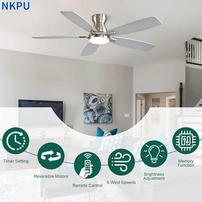 NKPU Ceiling Fans with Lights, Low Profile Ceiling Fan with Light and Remote/APP Control, DC Motor, Noiseless, Flush Mount, 52inch Nickel Ceiling Fan for Bedroom Indoor/Outdoor Use