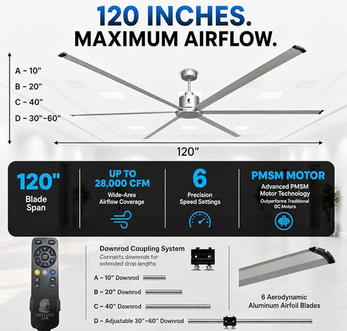 120-Inch HVLS Industrial Ceiling Fan +28,000 CFM Large Commercial Ceiling Fan with Remote, PMSM Motor, 6 Speeds, Reversible, for Warehouse, Gym, Barn, Shop, Garage | AA-Orion 120" (Silver)