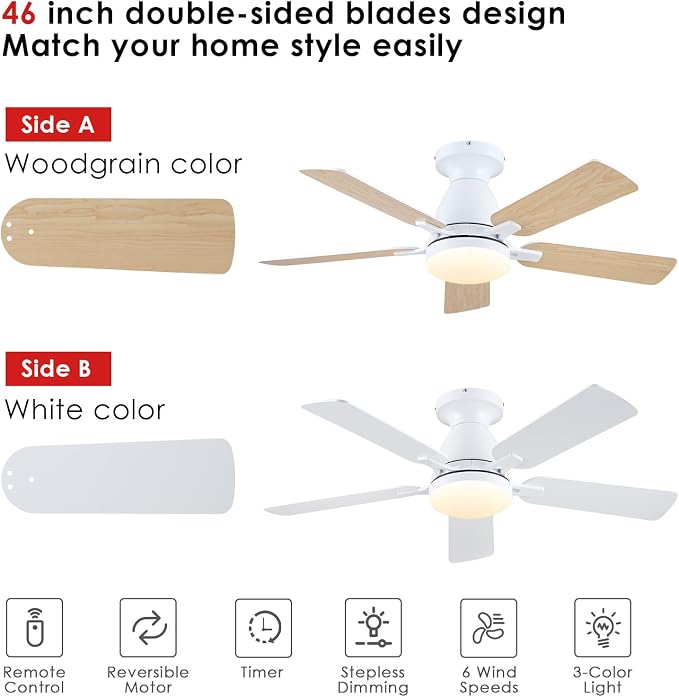 Mpayel 46 Inch Ceiling Fans with Lights and Remote, White Ceiling Fan with Light Flush Mount, Low Noise, Reversible, Dimmable, Modern Low Profile Ceiling Fan with Light for Bedroom Indoor Outdoor