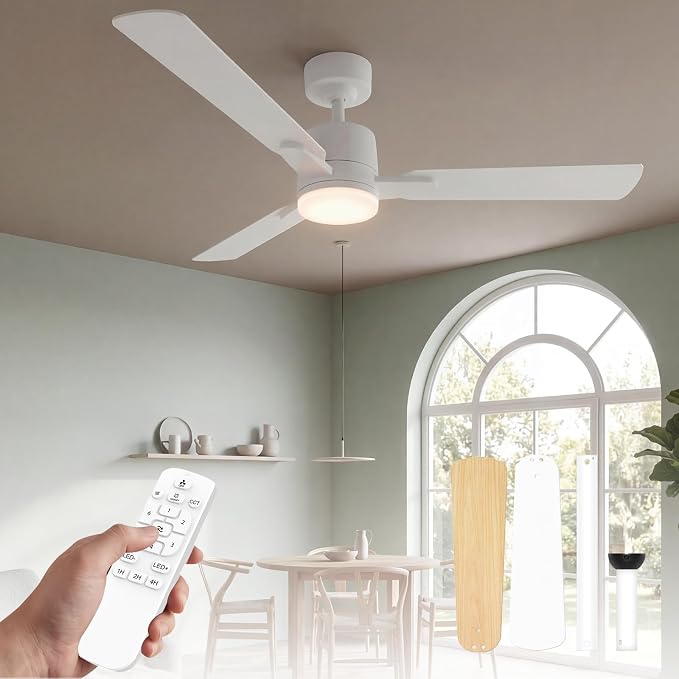 42" Ceiling Fan with Light and Remote, 6 Speed, Reversible Quiet DC Motor, 3CCT & Dimmable, Fast Install, Dual Finish 3 Blades Downrod Ceiling Fan with Lights for Bedroom, Living Room, Apartment