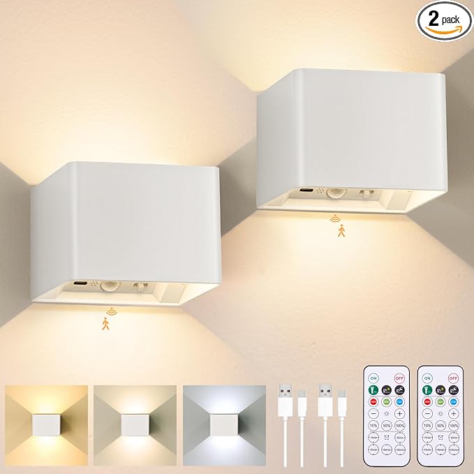 Rechargeable Motion Sensor Wall Light Indoor Set of 2, 6000mAh Cordless Battery Operated Wall Sconce Up Down with Touch & Remote Control, 3 Colors Dimmable Battery Powered Stick On Wall Lights, White