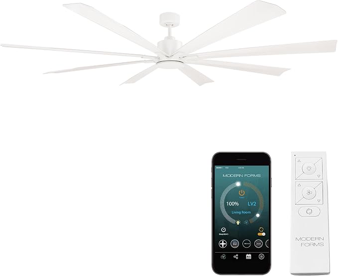 Modern Forms Size Matters Indoor and Outdoor 8-Blade 84in Smart Ceiling Fan in Matte White with Remote Control with Alexa and iOS or Android App