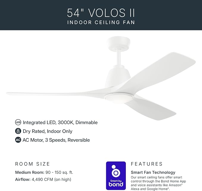Kichler 54" Volos II 3 Blade Ceiling Fan in Matte White, With White Polycarbonate Lens, Matte White Blades, Easy-to-Install AC Motor, Downrod, 300054-MWH