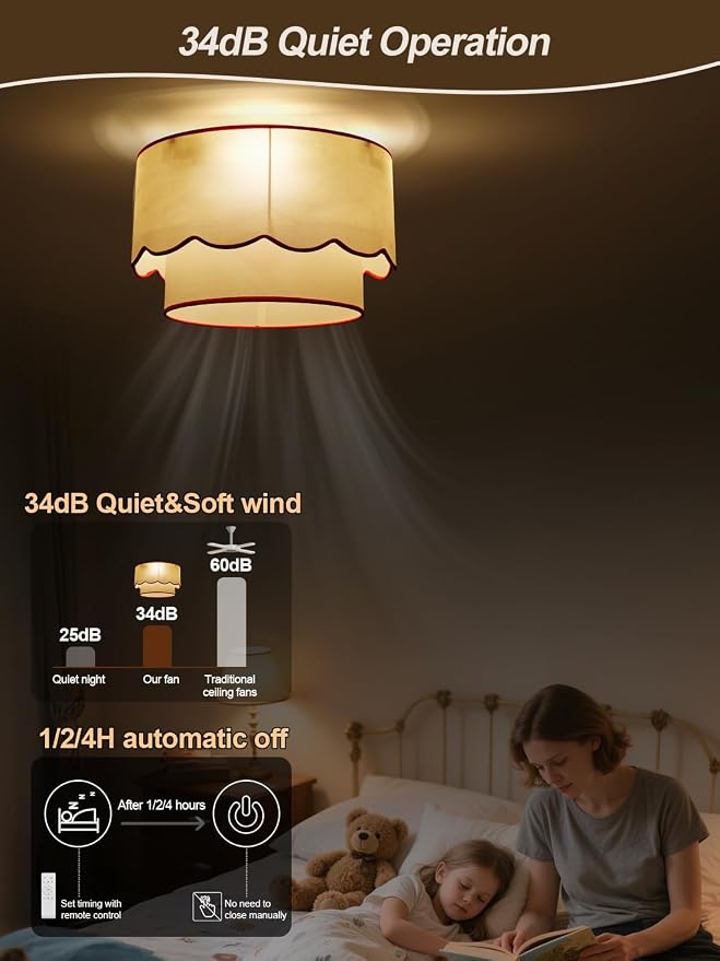 Flush Mount Ceiling Fan with Light, 18" Red Low Profile Boho Ceiling Fans with Lights Remote Control, Drum Caged Fabric with 6 Speeds for Bedroom,Nursery,Living Room