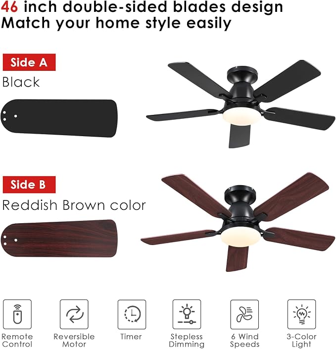 Mpayel 46 Inch Ceiling Fans with Lights and Remote, Black Ceiling Fan with Light Flush Mount, Low Noise, Reversible, Dimmable, Modern Low Profile Ceiling Fan with Light for Bedroom Indoor Outdoor