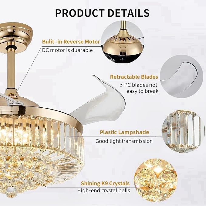 42'' Fandelier Ceiling Fans with Light, Chandelier Ceiling Fan, Retractable Crystal Ceiling Fan for Bedroom, Living Room, 3 Color Change, LED Dimmable, 6 Speeds, Reversible DC Motor-Gold