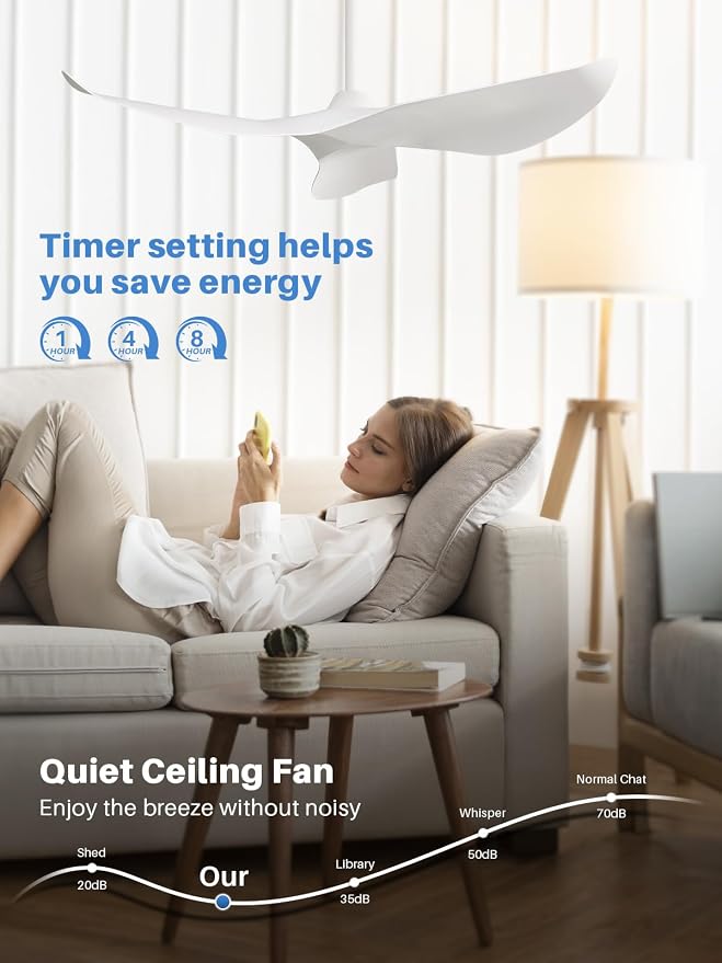 Sofucor 52 Inch Ceiling Fan No Light, Modern White Ceiling Fan with Remote Control, Quiet Reversible DC Motor, 6-Speed Indoor Ceiling Fan for Bedroom Living Room Covered Patio Porch