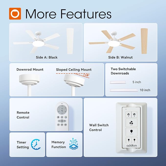 addlon Ceiling Fans with Lights, 52 inch White Ceiling fan with Light and Remote Control, Reversible, 3CCT, Dimmable, Noiseless, Small Ceiling Fan for Bedroom, Farmhouse, Indoor/Outdoor Use