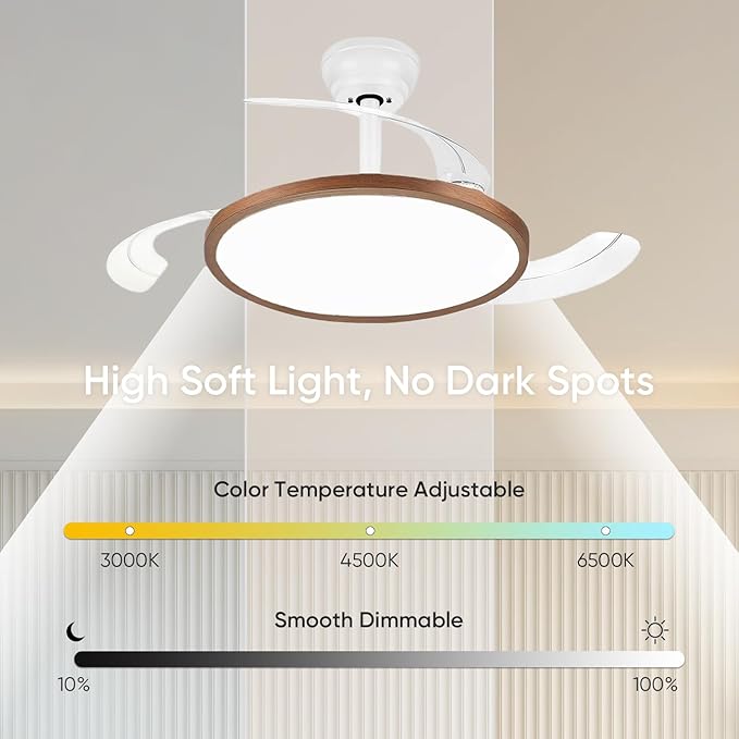 42 Inch Retractable Ceiling Fan with Lights, Fandelier Ceiling Fan for Bedroom Living Room Dinning Room, Chandelier with Fan 6 Speed, 3 Color Temperature, Reversible DC Motor-White