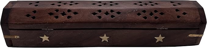 Dinil Wooden Coffin Incense Burner Handmade - 12" – Rustic Brown Finish – Elegant Design (Star)