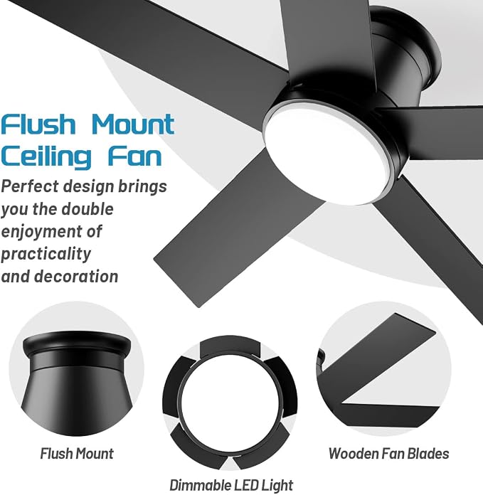 wurzee 52" Flush Mount Low Profile Ceiling Fan, Black, 6 Speeds DC Reversible Motor, Timing, Dimmable for Indoor, Patio, Porch, Garage, Shop, Factory, Warehouse