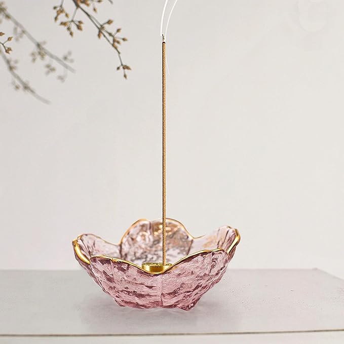 Incense Holder for Sticks and Backflow Incense Handmade Glass Cherry Blossom Incense Stick Holder with 9 Incenses Holes (2 Pcs Plum Blossom with Gilt-Edged)