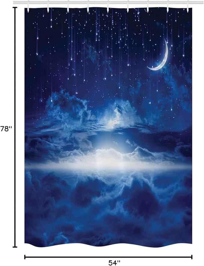 Ambesonne Fantasy Stall Shower Curtain, Night Sky with Moon Falling Stars Clouds Horizon Mysterious Space Art, Fabric Bathroom Decor Set with Hooks, 54" W x 78" L, Navy Blue and White