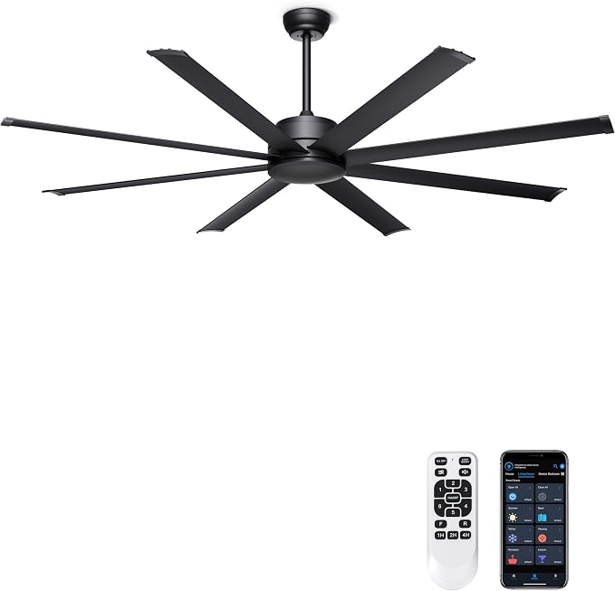 Ohniyou 72" Black Industrial Ceiling Fans No Lights for Shops, Garages | Remote & APP Control, Reversible DC Motor, 8 Aluminum Blades, Covered Outdoor Metal Fan