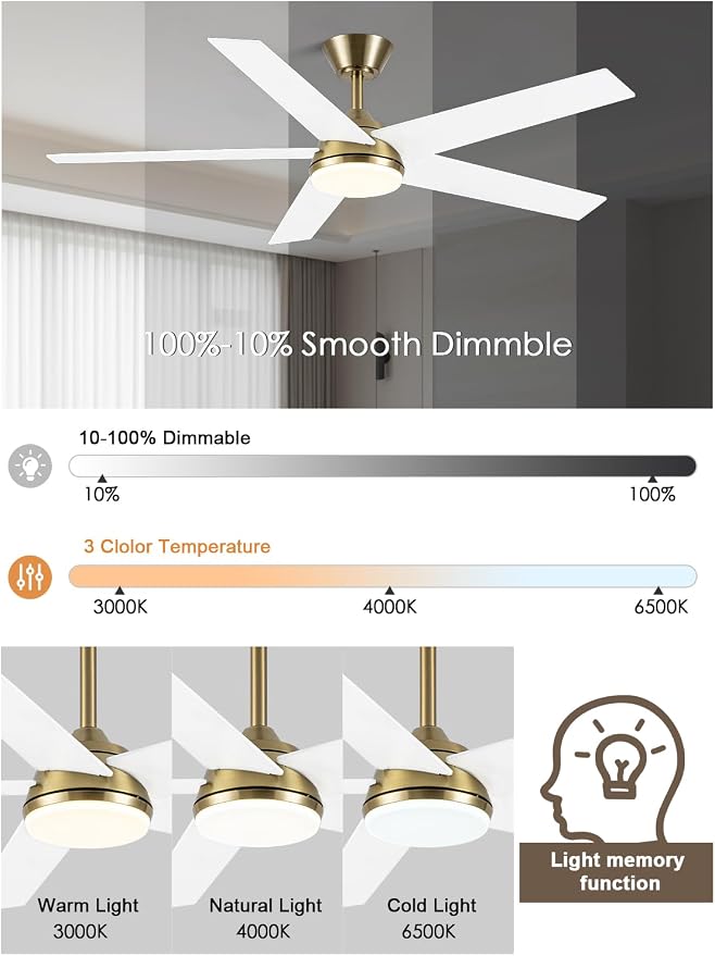 Bella Depot 52 Inch White and Gold Ceiling Fan with Light, Modern Brass Ceiling Fan with Dimmable LED Light, Chandelier Fan with Quiet DC Motor for Living Room, Bedroom, Kitchen
