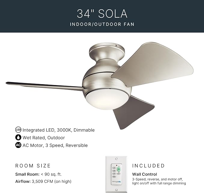 Kichler Sola 34" LED Indoor Outdoor Ceiling Fan in Brushed Nickel, 3-Blade, 3000K, (34" W x 11" H), 330150NI