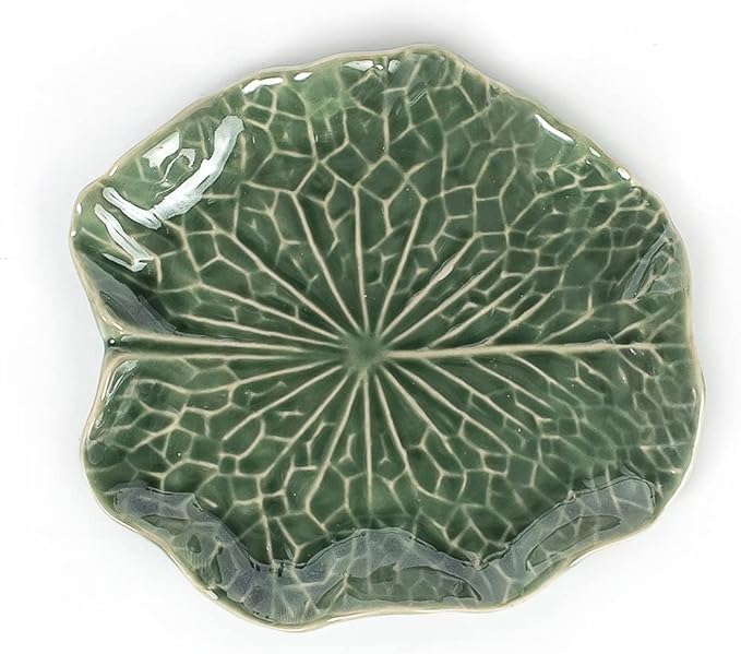 Tiny 4" Green Lotus Leaf Shaped Tray - Handmade Ceramic Porcelain Decorative Plate Dish Catchall Miniature Container for Jewelry Personal Items Incense Holders Trays Décor Gifts