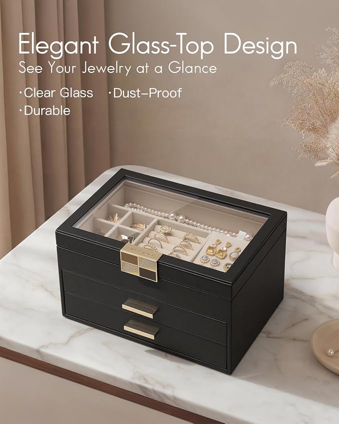 VLANDO Jewelry Box Organizer for Women, 3-Layer Jewelry Storage Case with Glass Lid, Gold Handle, 2 Drawers for Rings, Earrings, Necklaces and Bracelets - Black