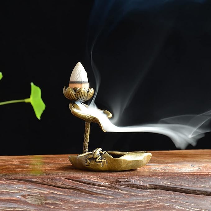 OwMell Lotus Backflow Incense Holder, Vintage Brass Lotus Waterfall Incense Burner, Aromatherapy Ornament Home Decor - Frog