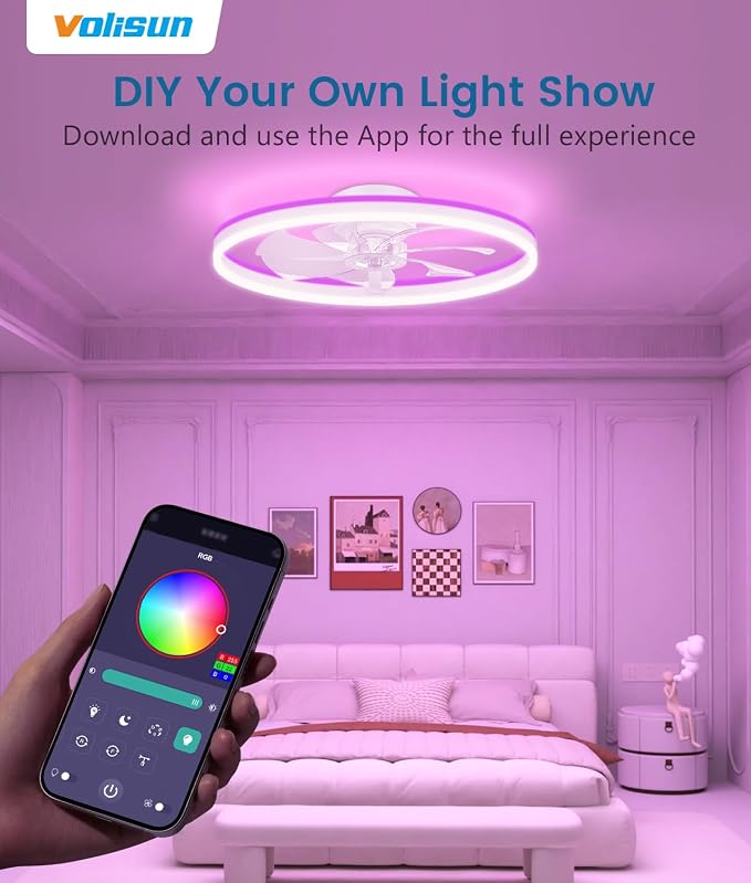 VOLISUN RGB Ceiling Fans with Lights and Remote, 23.6in Low Profile Ceiling Fans with Lights Flush Mount, 3000K-6500K Dimmable Fandelier LED Fan Light, White Bladeless Ceiling Fans for Bedroom