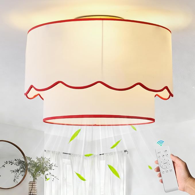 Flush Mount Ceiling Fan with Light, 18" Red Low Profile Boho Ceiling Fans with Lights Remote Control, Drum Caged Fabric with 6 Speeds for Bedroom,Nursery,Living Room