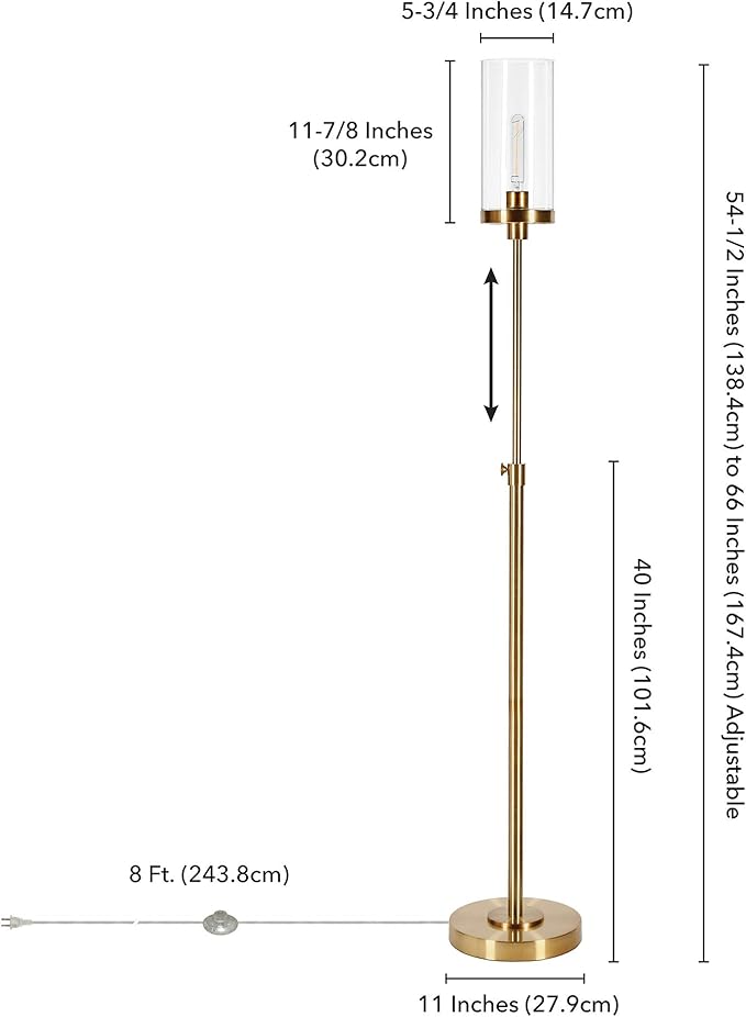 Henn&Hart 66" Industrial 1-Light Floor Lamp with Clear Glass Cylinder Shade for Living Room, Bedroom, or Office, Gold