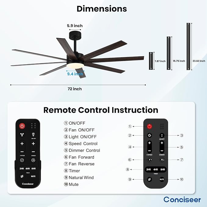 Conciseer 72 Inch Ceiling Fans with Lights, Remote Control, Dual-Color 8 Blades, 24W 3CCT,6-Speed Reversible Quiet DC Motor - Black and Wood Grain for, Living Room, Kitchen Brown