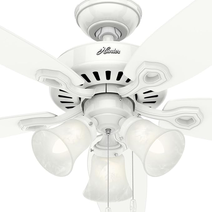 Hunter Builder Plus, Indoor, Ceiling Fan, Pull Chain, 52 inch, Snow White | with LED Lights, Standard Mount, 5 Blades, For Bedroom, Living Room, Includes Bulbs, 53236